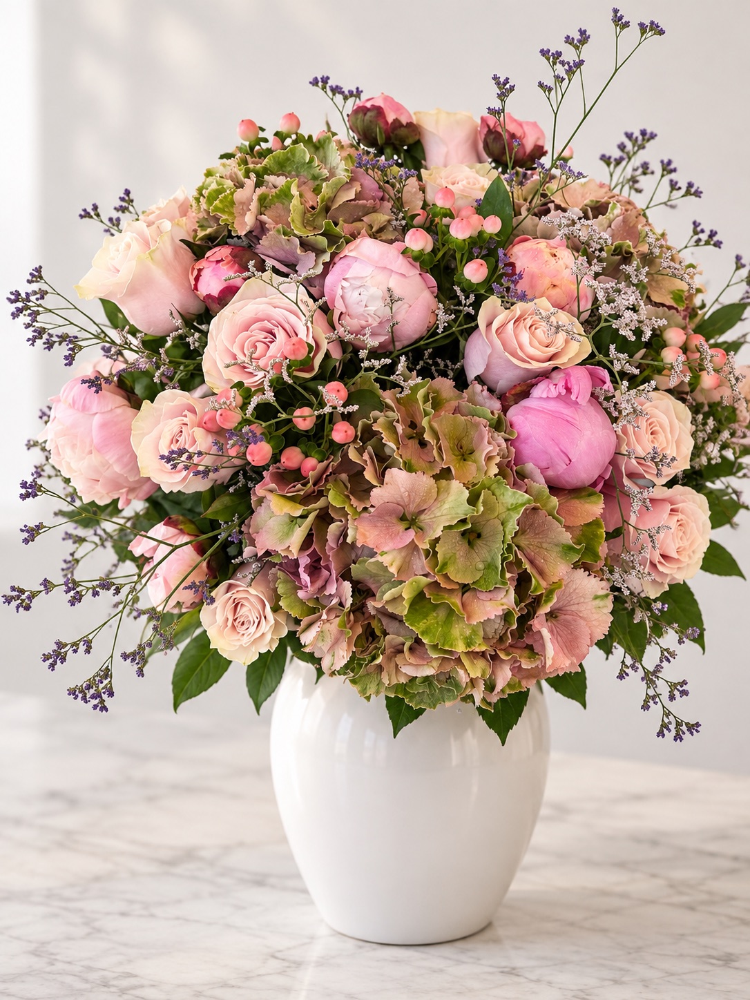 Blush peonies, roses and hydrangea in a white vase