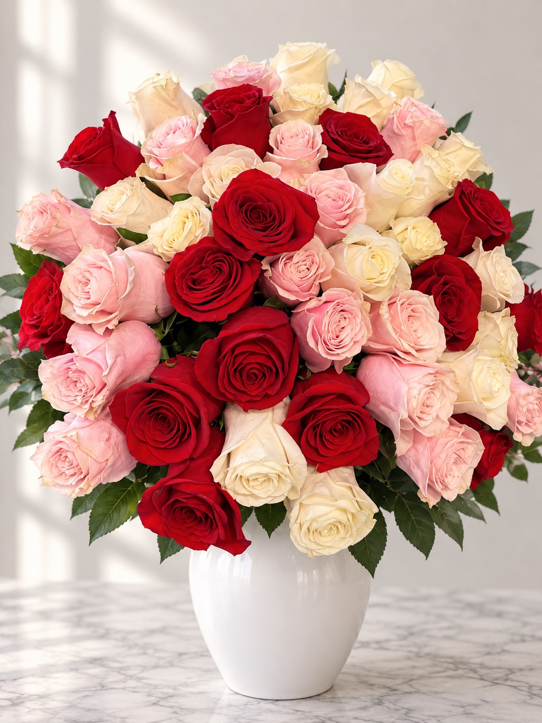 Red, cream and pink roses arranged in a white vase