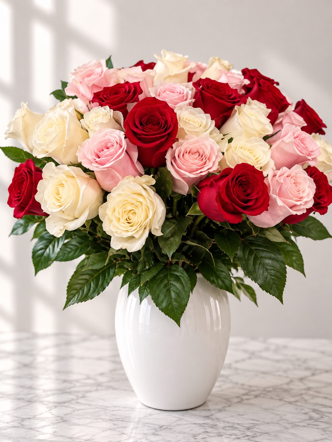 Mixed rose bouquet in a white ceramic vase