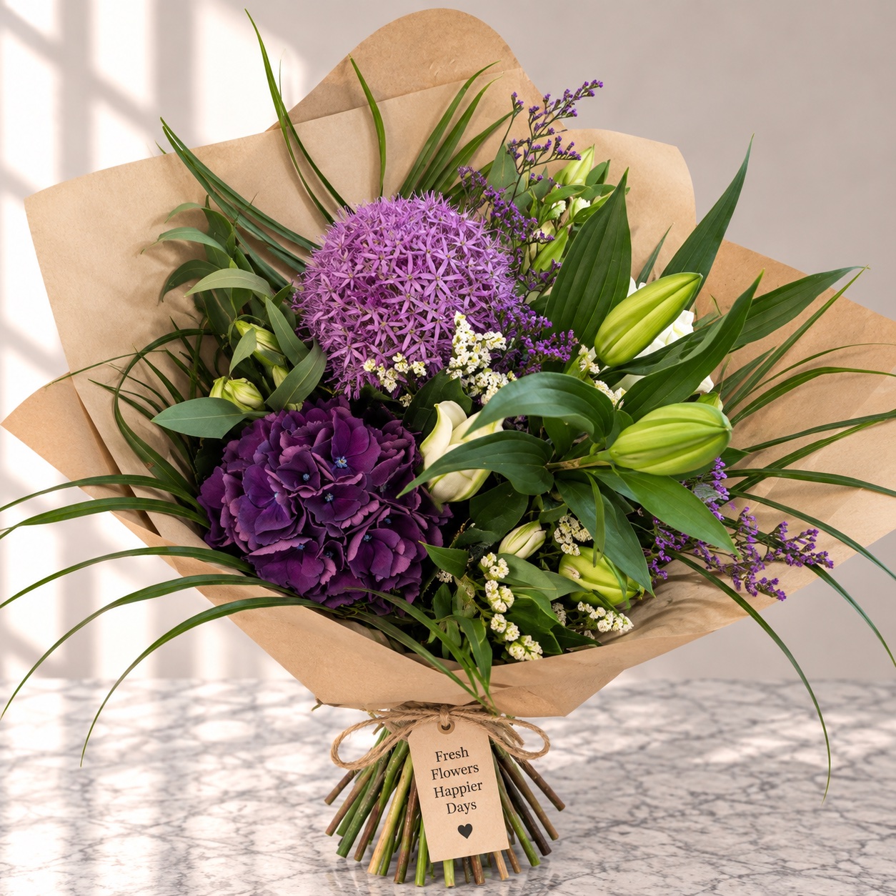 Bouquet of purple allium, deep purple hydrangea and white lilies
