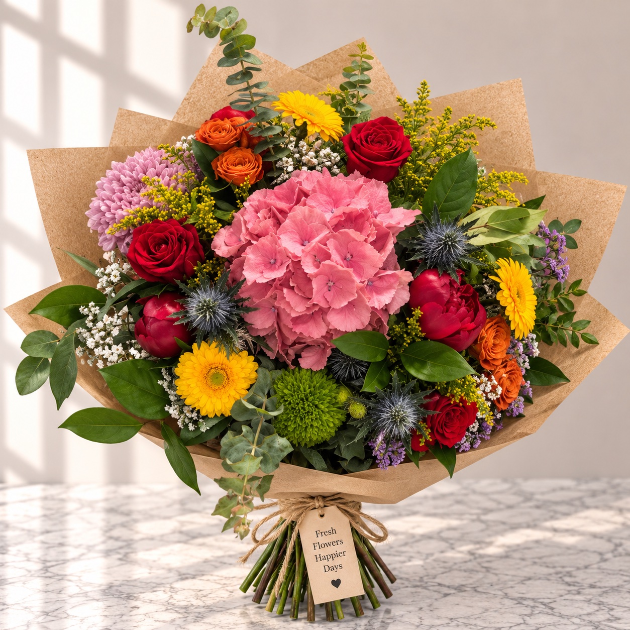 Warm bouquet of red roses, pink hydrangea, yellow gerberas and golden rod
