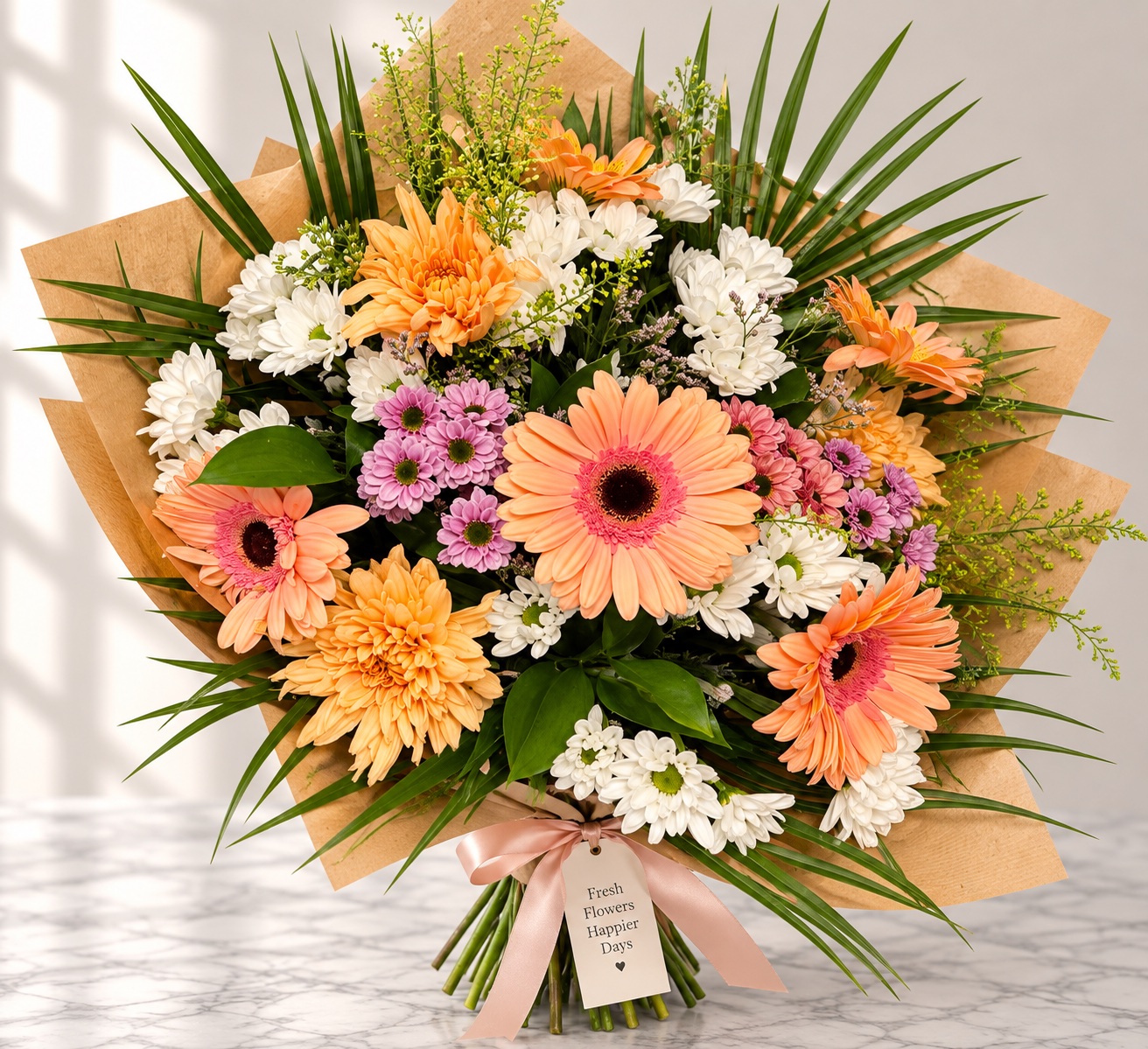 Peach gerberas, orange chrysanthemums and white daisies