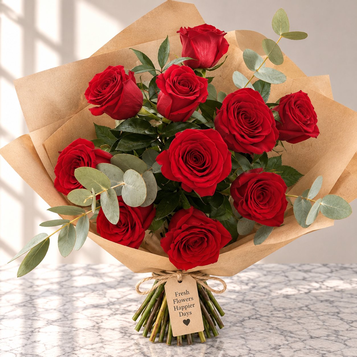A dozen red roses with eucalyptus, wrapped in kraft paper and tied with twine
