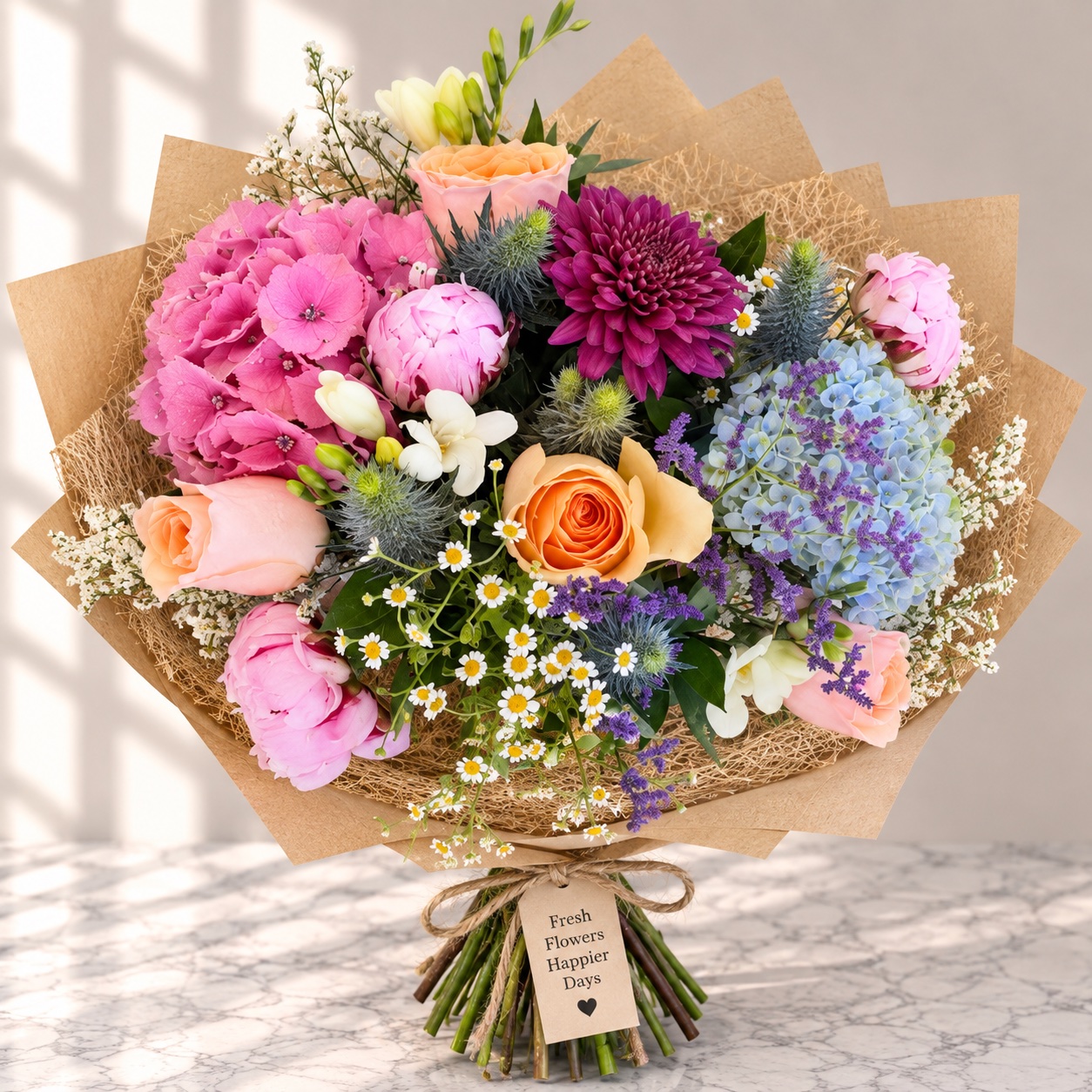 Lush hand-tied bouquet of peonies, pink hydrangea, roses and sea holly in kraft paper