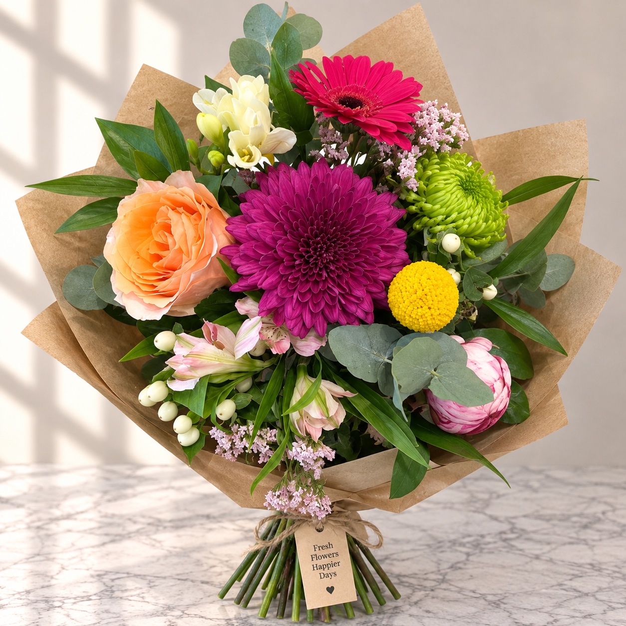 Bright bouquet of cerise gerbera, purple chrysanthemum, peach rose and yellow craspedia