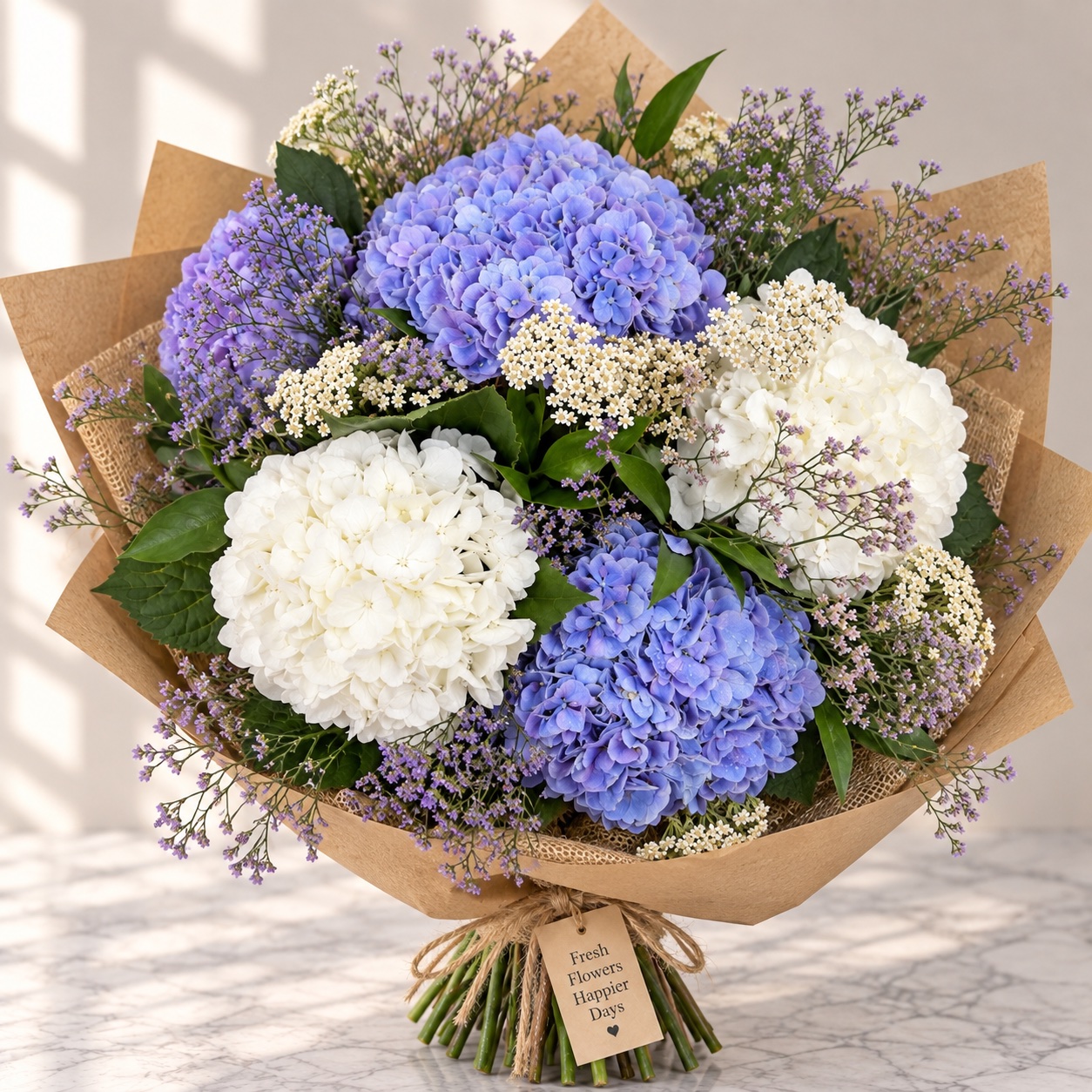 Bouquet of blue and white hydrangea with sea lavender and yarrow