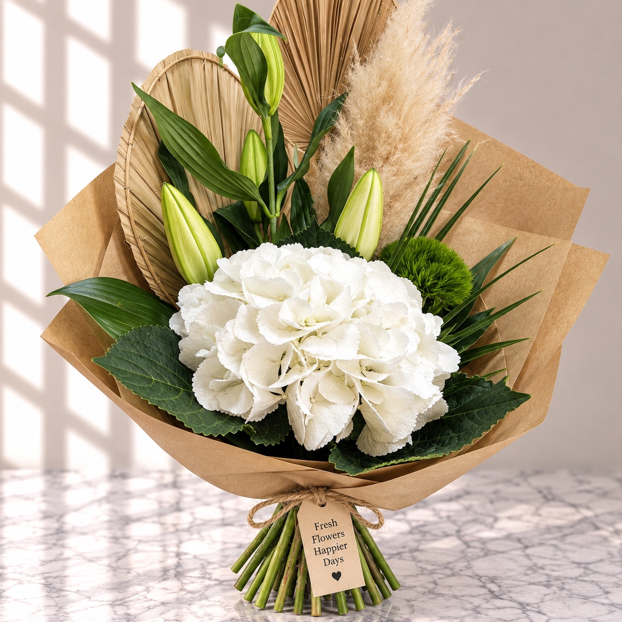 White hydrangea with pampas grass, dried palm and lily buds
