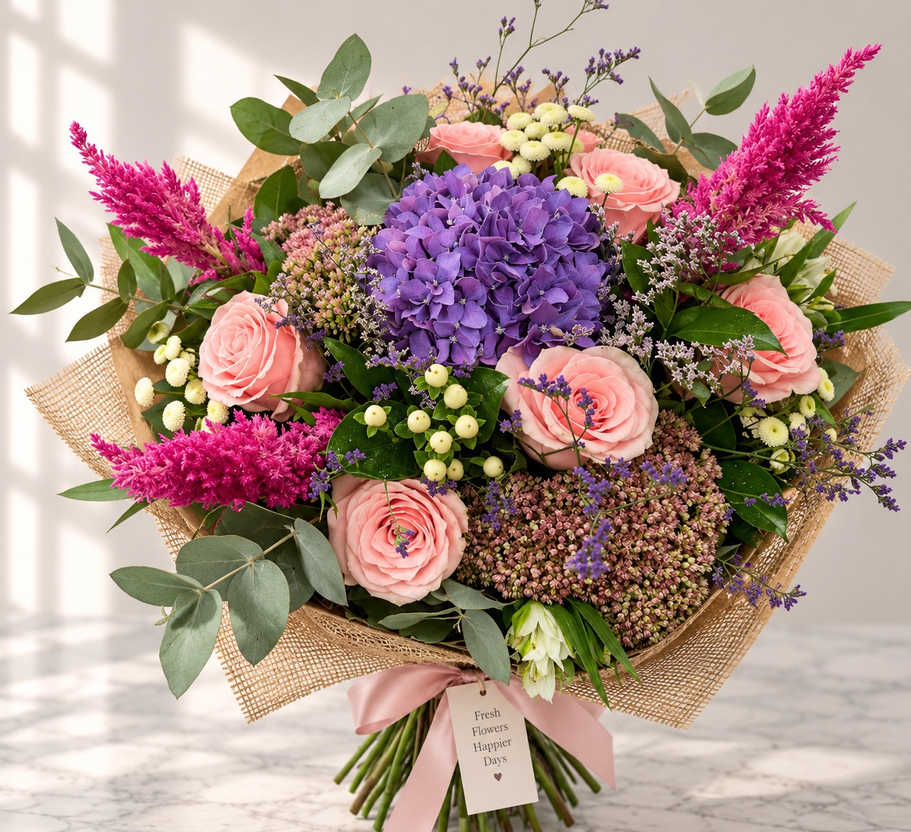 Pink roses, purple hydrangea and magenta astilbe with eucalyptus