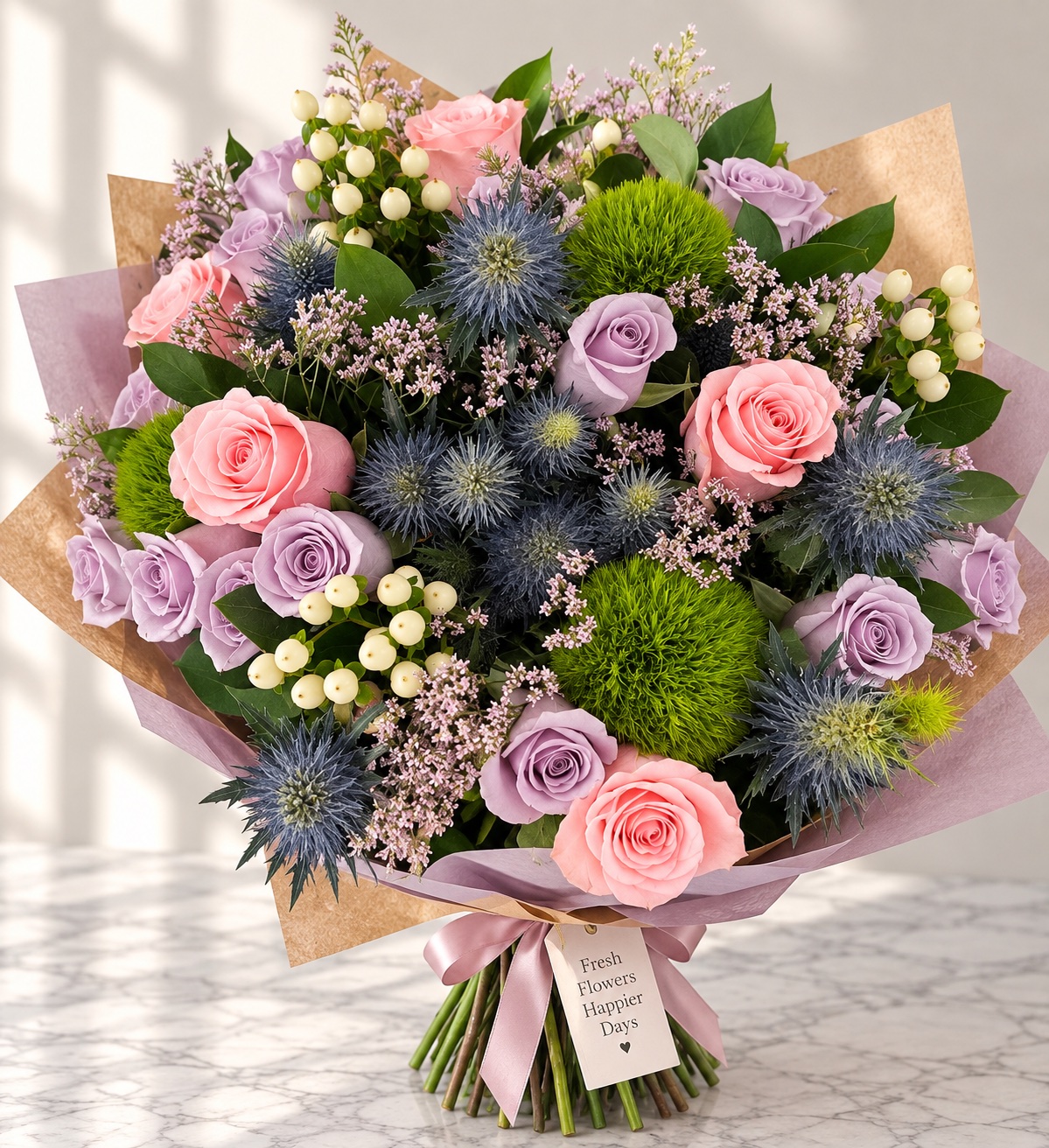 Lilac and pink roses with blue thistle, berries and green dianthus