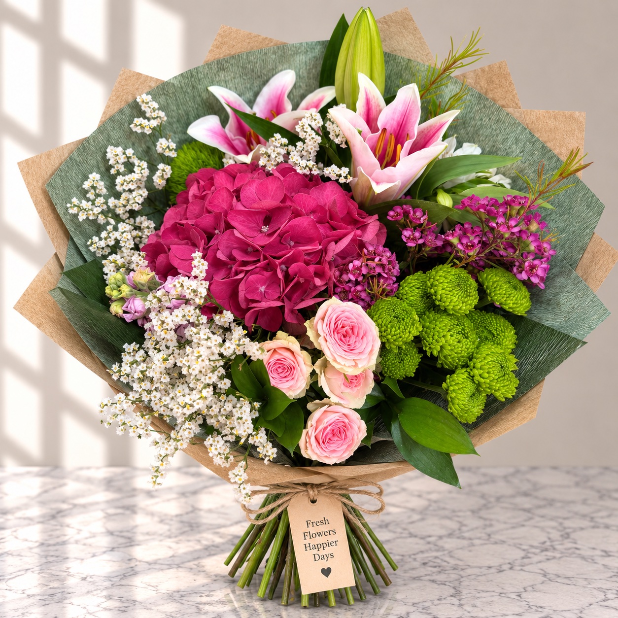 Hand-tied bouquet of pink lilies, magenta hydrangea, roses and green chrysanthemums