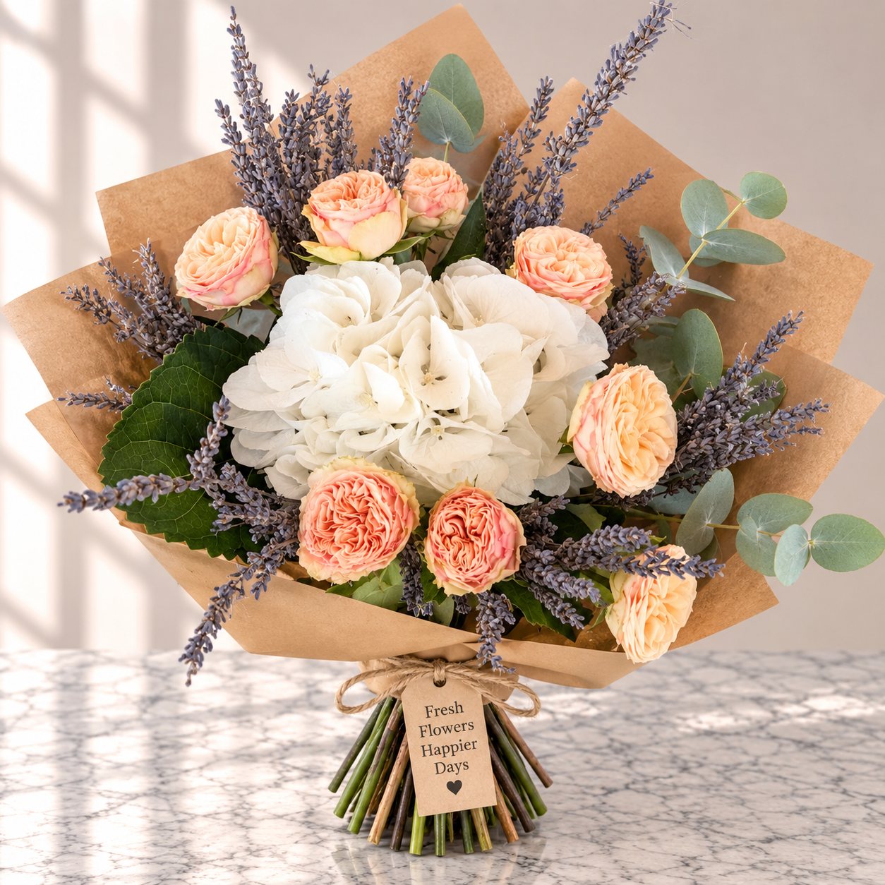 Bouquet of peach garden roses, white hydrangea, lavender and eucalyptus in kraft paper