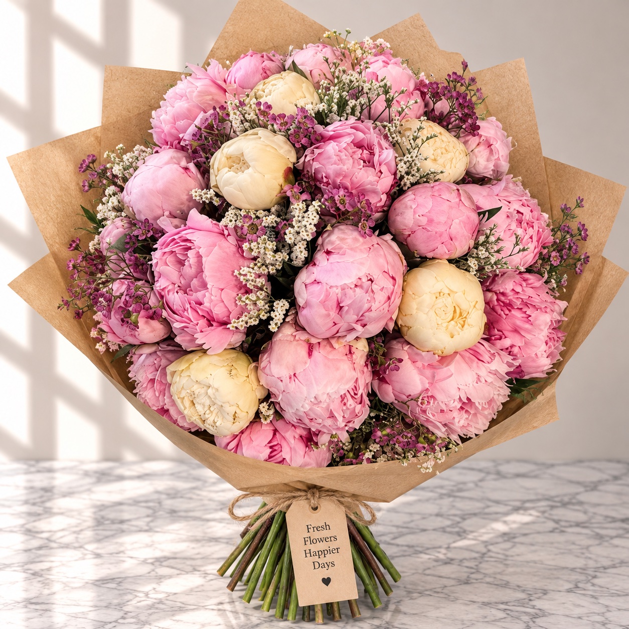 Hand-tied bouquet of pink and cream peonies with waxflower
