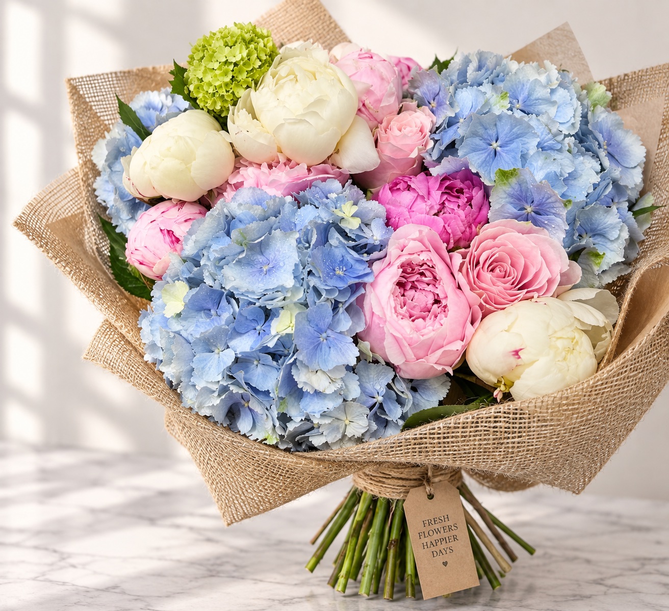 Blue hydrangea, white peonies and pink garden roses in a hessian wrap