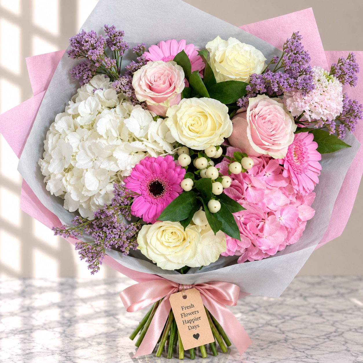 Soft pink bouquet of hydrangea, gerberas and roses tied with a satin ribbon