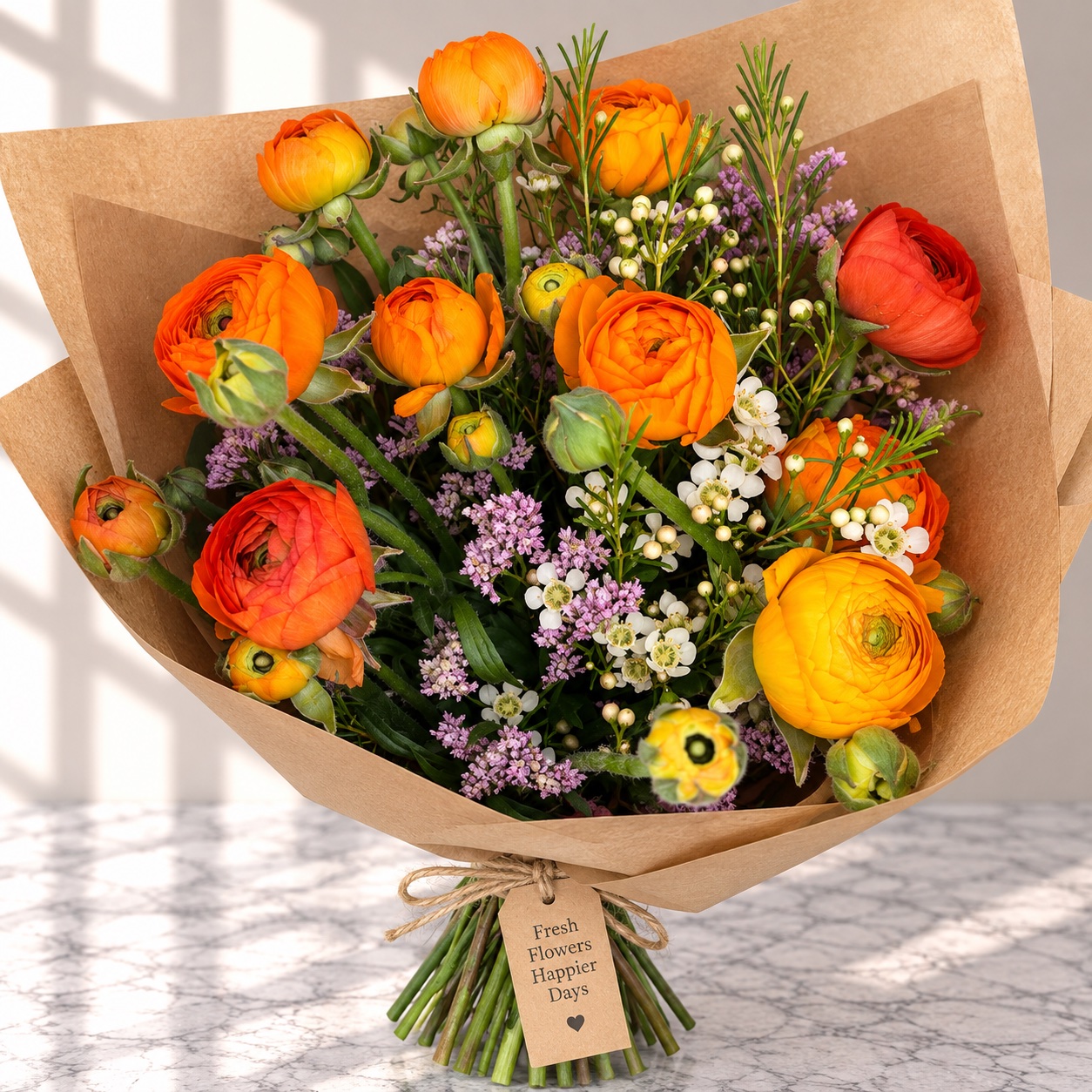 Orange and yellow ranunculus with waxflower