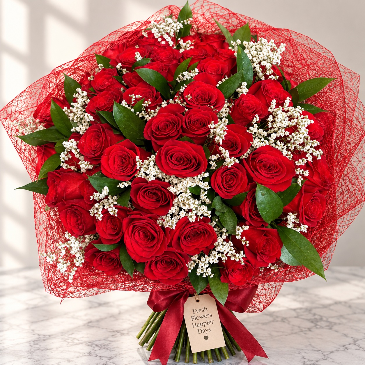 Red roses with gypsophila wrapped in red mesh with a satin ribbon