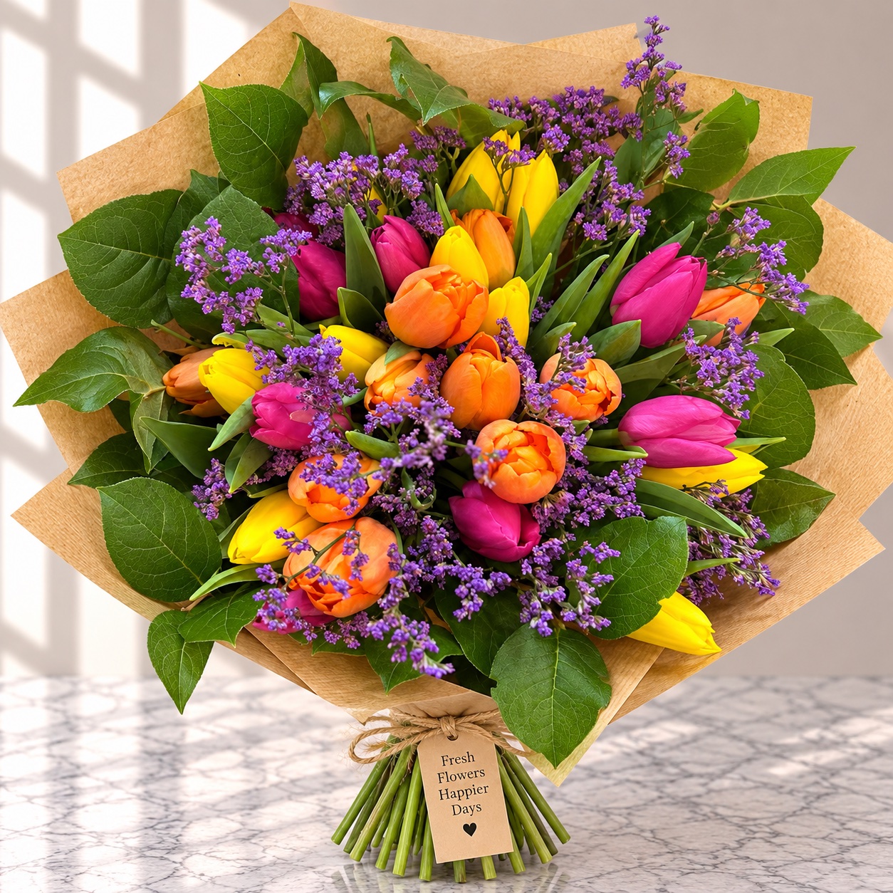 Bouquet of yellow, orange and pink tulips with sea lavender