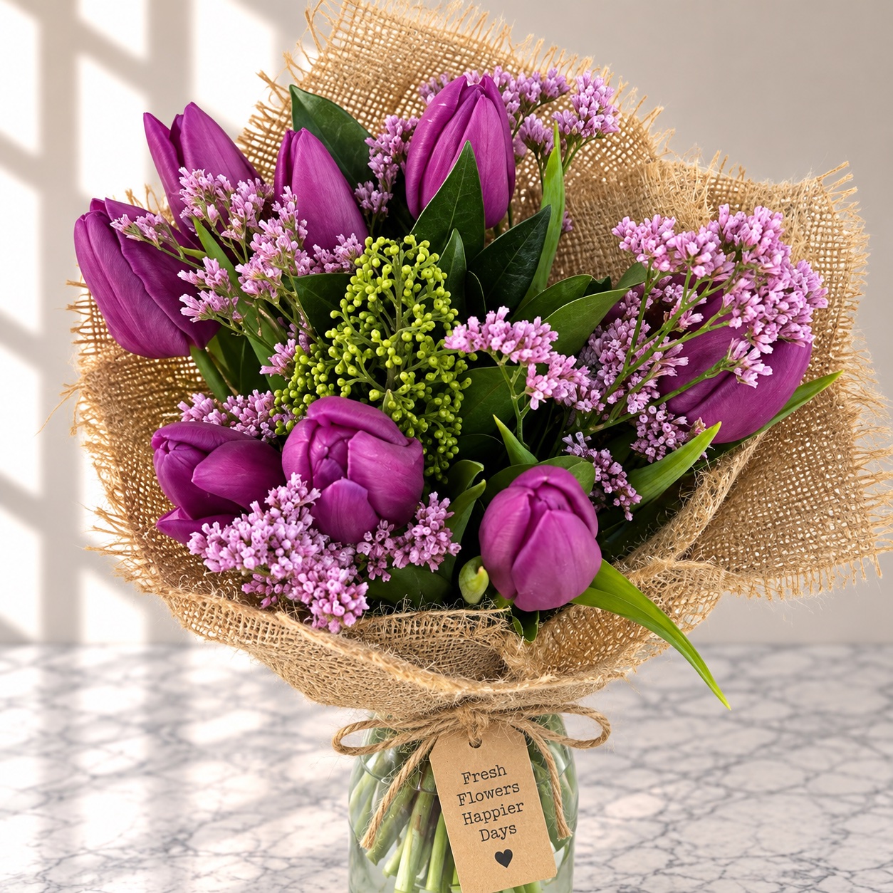 Purple tulips with sea lavender and skimmia in a hessian wrap
