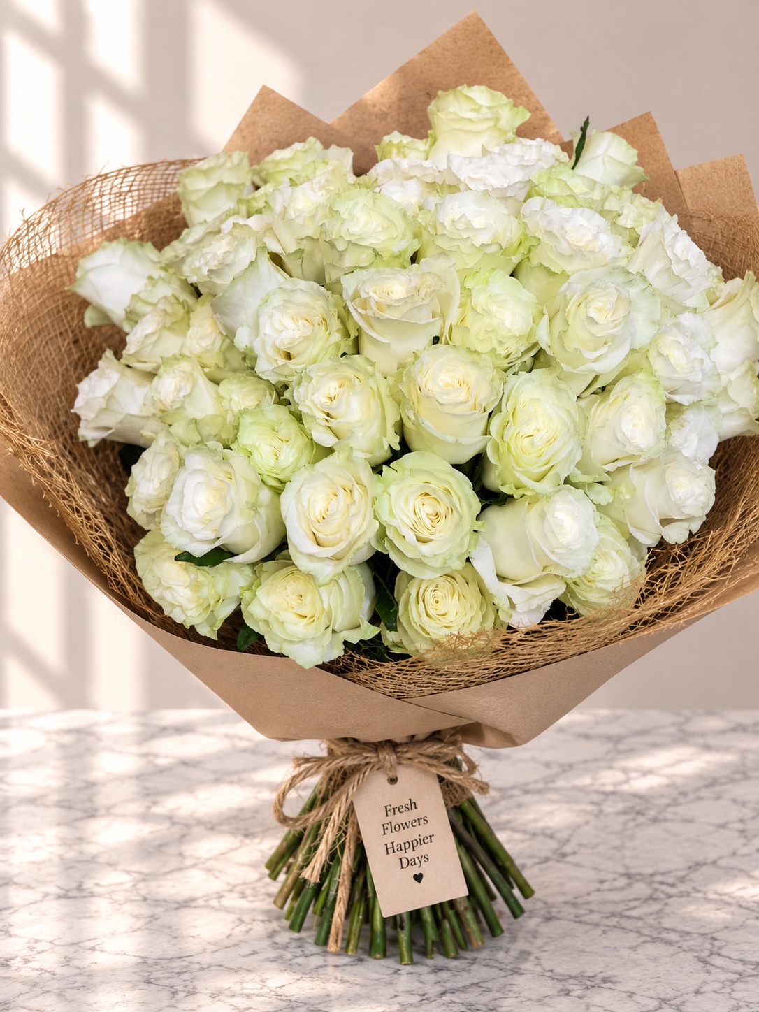 Hand-tied bouquet of white roses wrapped in kraft paper