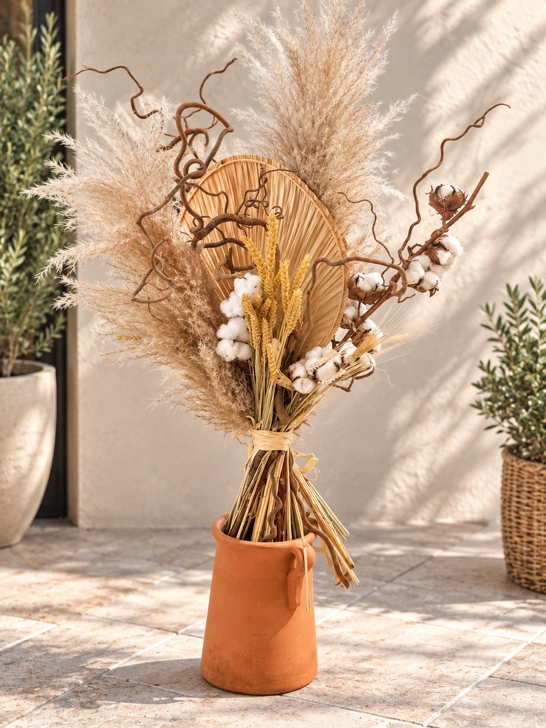 Dried arrangement of pampas grass, wheat, cotton and twisted willow in a terracotta jug