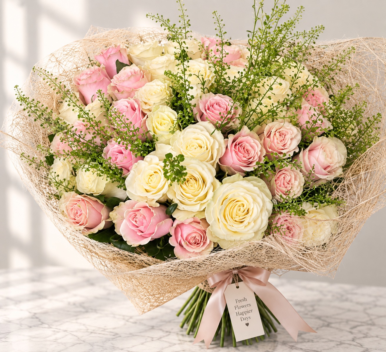 Hand-tied bouquet of pink and cream roses wrapped with a ribbon and gift tag