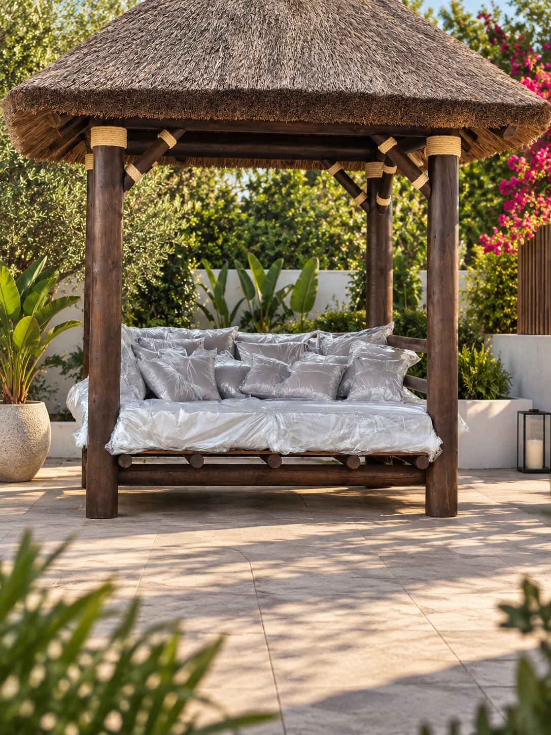 Outdoor daybed under a thatched roof with new silver cushions, made to measure