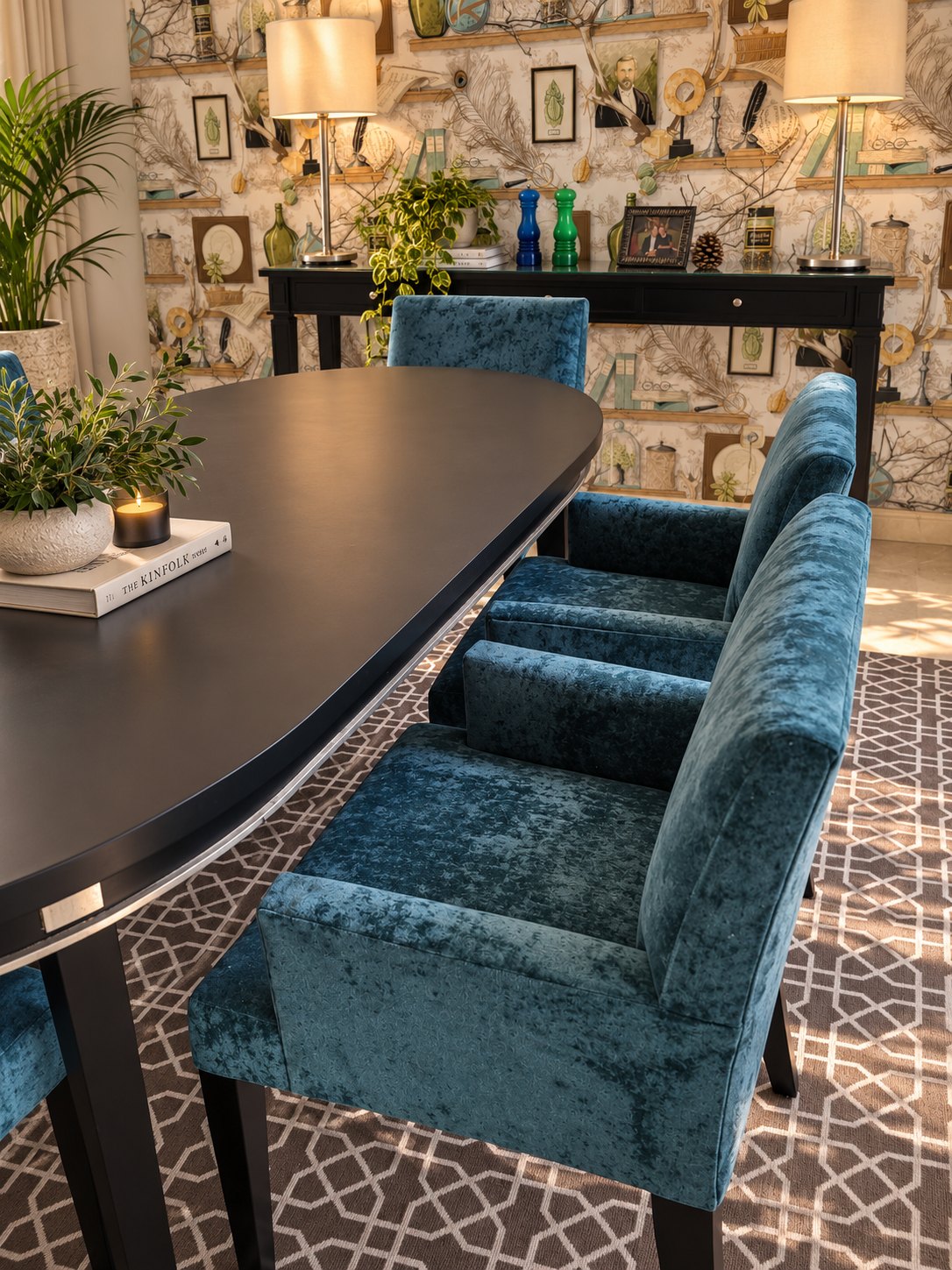 The teal crushed velvet on the dining chairs, close up