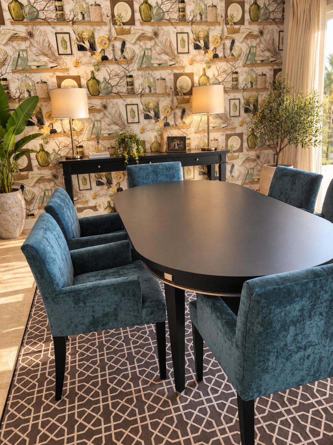 The finished dining room: six chairs reupholstered in teal crushed velvet around the black oval table