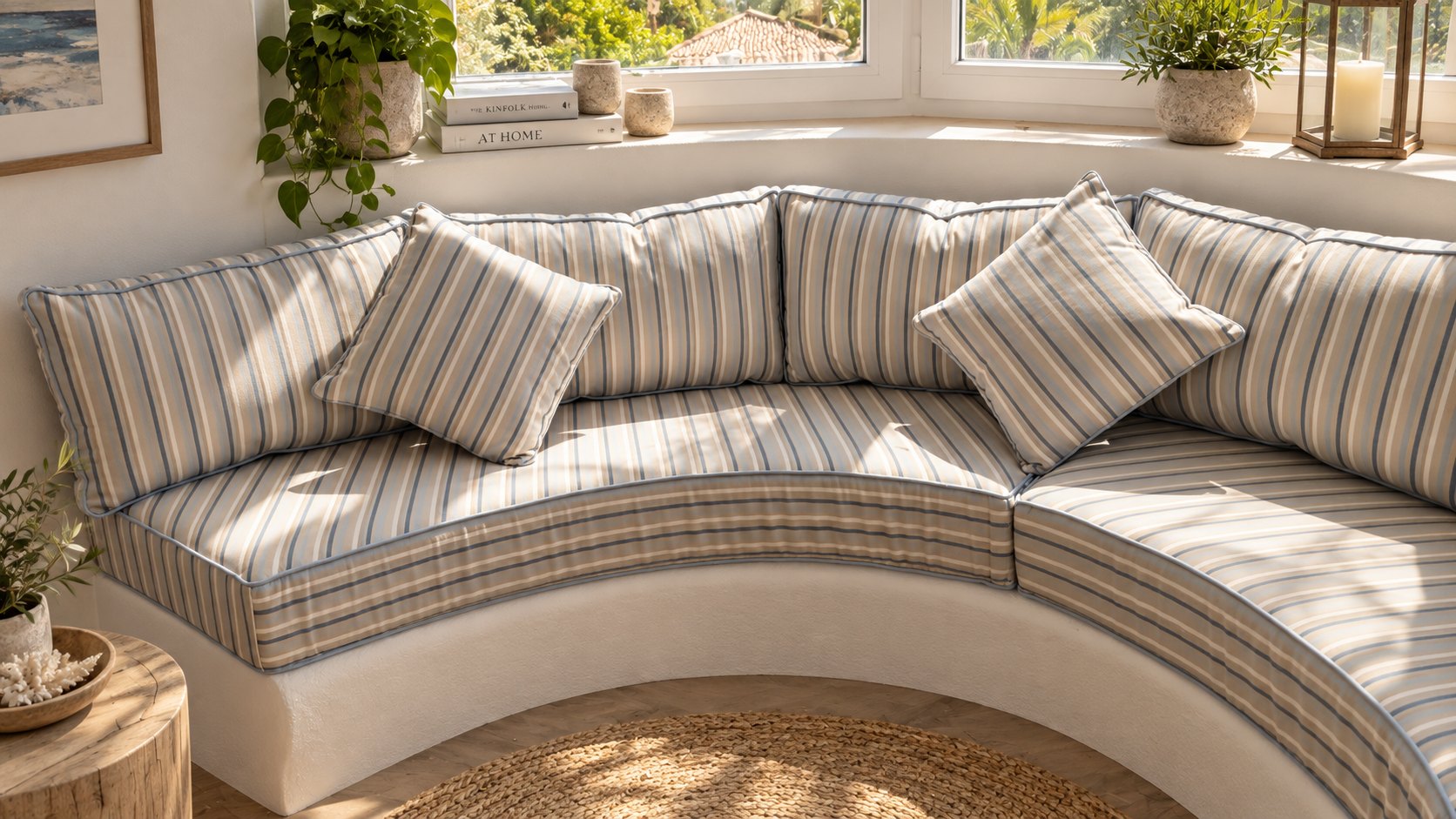 Curved window seat with striped cushions made to measure