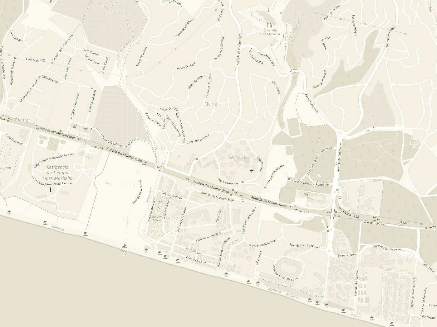 Street map of Elviria with the shop marked on Calle Alcornoque, just below the A-7