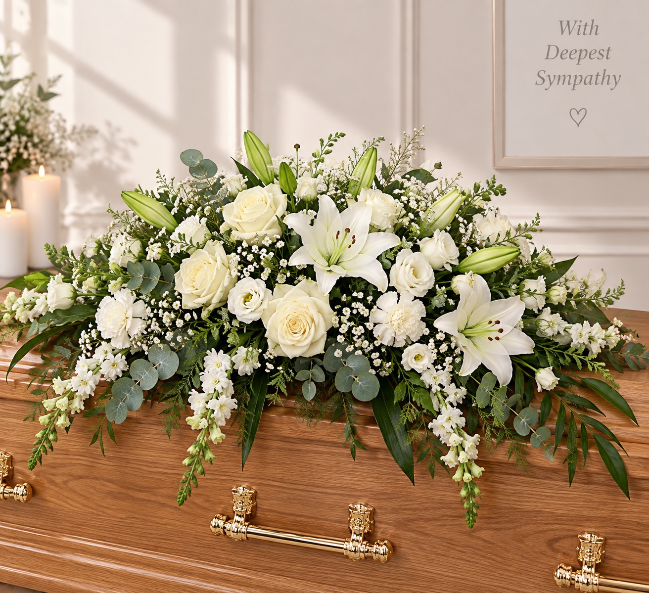 White casket spray of lilies, roses, carnations and gypsophila