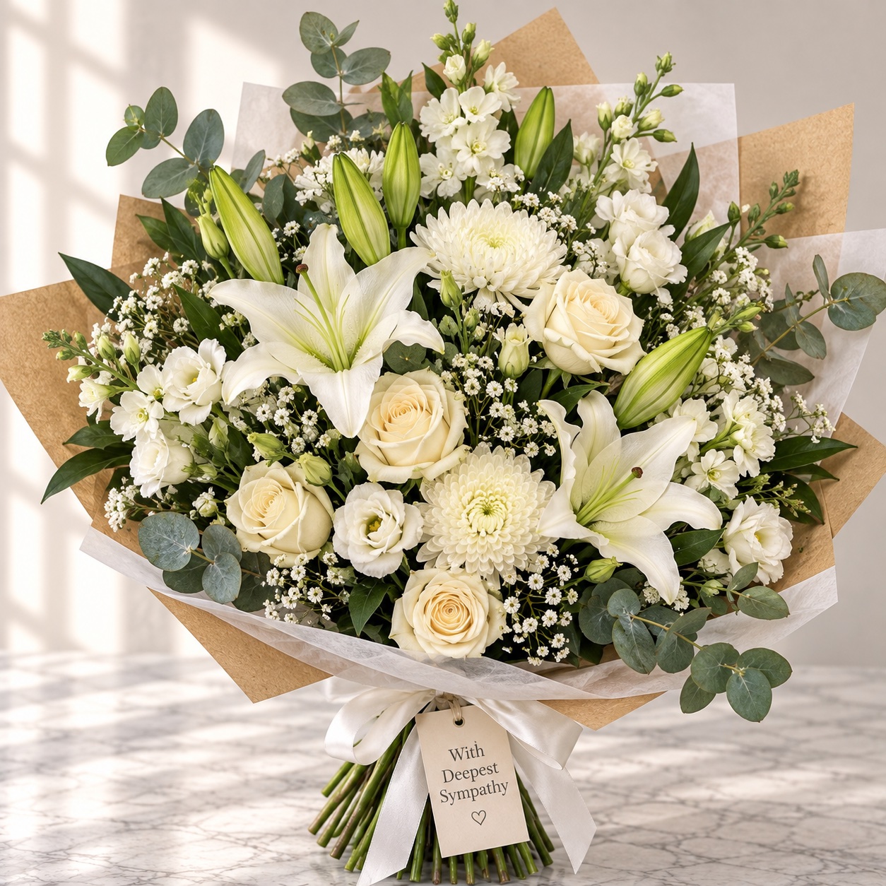 All-white sympathy bouquet of lilies, cream roses and gypsophila